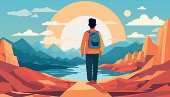 Man with a backpack walks across a mountain with sea in the background vector