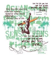 Surfer silhouette illustration jumping in composition with worn lettering in the background. vector