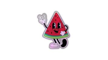 Stickers cartoon abstract character. Retro trendy sticker planet with watermelon comic characters and gloved hands . Alpha channel transparency video