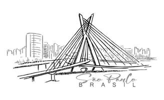 Illustration with simple, laid-back lines of the urban landscape of the city of Sao Paulo, Brazil. Art with a view of the Estaiada bridge with buildings in the background. vector