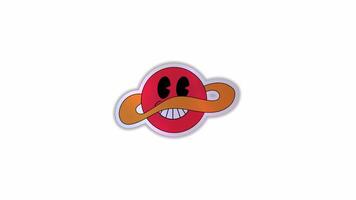 Stickers cartoon abstract character. Retro trendy sticker planet with funny comic characters and gloved hands . Alpha channel transparency video