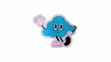 Stickers cartoon abstract character. Retro trendy sticker planet with cloud comic characters and gloved hands . Alpha channel transparency video