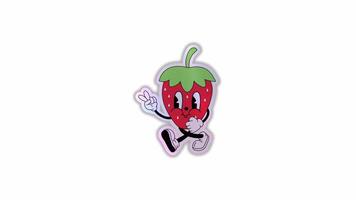 Stickers cartoon abstract character. Retro trendy sticker planet with strawberry comic characters and gloved hands . Alpha channel transparency video