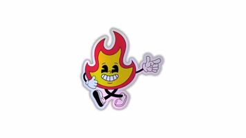 Stickers cartoon abstract character. Retro trendy sticker planet with fire, comic characters and gloved hands . Alpha channel transparency video