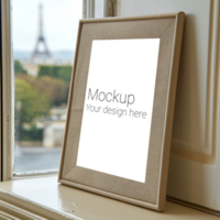 Mockup of beige frame in isometric style on window psd