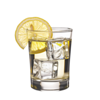 A glass of vodka with a slice of lemon, ice cube on the glass on a transparent background png
