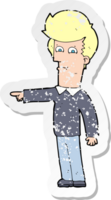 retro distressed sticker of a cartoon man pointing drawing png