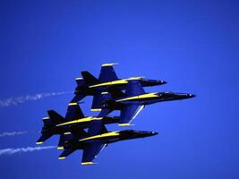 Airshow of military jet fighters. Group of military airplanes performs maneuvers with a smoke trace. Aviation background photo