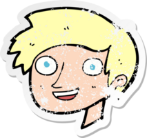 retro distressed sticker of a cartoon happy boy face drawing png