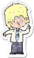 retro distressed sticker of a cartoon school boy with idea drawing png