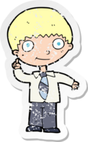 retro distressed sticker of a cartoon school boy with idea drawing png