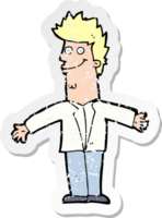 retro distressed sticker of a cartoon happy man with open arms drawing png