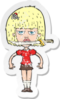 retro distressed sticker of a cartoon woman with knife between teeth drawing png