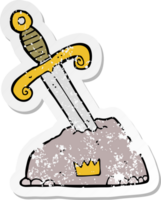 retro distressed sticker of a cartoon sword in stone drawing png