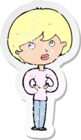 retro distressed sticker of a cartoon woman making Who Me gesture drawing png