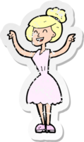 retro distressed sticker of a cartoon woman with raised arms drawing png