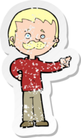 retro distressed sticker of a cartoon man with mustache pointing drawing png