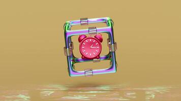 3d cartoon character alarm clock wake up time morning in metal box with rainbow colors abstract background. schedule appointment concept, 3d illustration render video