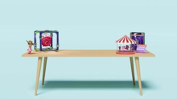 3d desk in office with toy, book, calendar, alarm clock isolated on blue background. table abstract background. 3d render illustration video