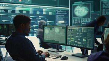 Governmental hackers working together on digital security and cyber defense measures. Engaging in cyber operations, network security and data protection during information war. Camera B. video