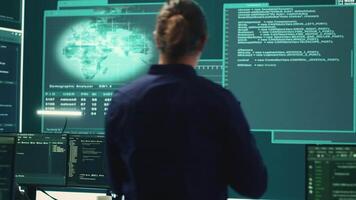 Governmental hackers at work planning advanced cyber attacks on servers infrastructure to gather intelligence, high tech spyware concept. Specialists hacking accounts for cyberwarfare. Camera A. video