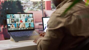 Business owner presenting the financial data reports to the investors members of the board, discussing on online videocall about expansion plans and new funding. Accounting analysis. Camera A. video
