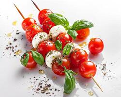 a plate with tomatoes and cheese on skewers photo