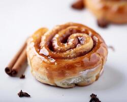 a cinnamon roll with caramel and cinnamon on a white plate photo
