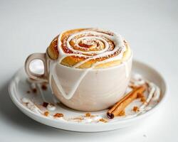 a cinnamon roll in a cup with icing and cinnamon sticks photo
