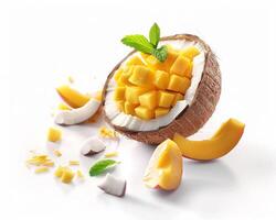 a coconut with sliced mango and coconut pieces photo