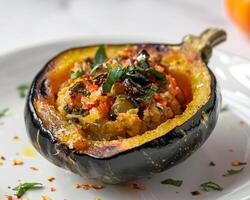a closeup of a stuffed acorn squash photo