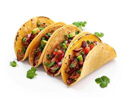 three tacos with meat and vegetables on a white background photo