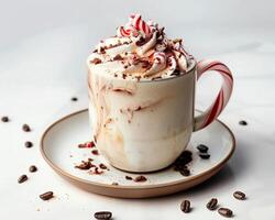 a cup of coffee with whipped cream and candy canes photo