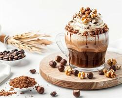 hot chocolate with whipped cream and nuts on a white background photo