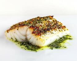 a fish fillet with herbs and spices on a white plate photo