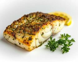 a piece of fish with herbs and lemon photo