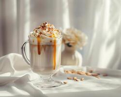 a coffee drink with whipped cream and nuts photo