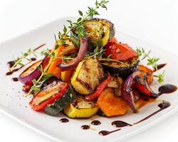 a plate of vegetables with sauce and herbs photo