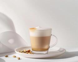a latte with nuts and a white plate photo