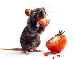 a rat eating a tomato on a white background photo