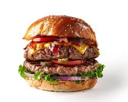 a large hamburger with cheese, lettuce and tomatoes photo