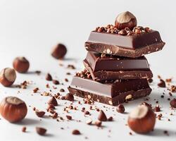 chocolate bar with hazelnuts on white background photo