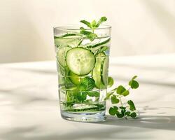 a glass of water with cucumber and mint leaves photo