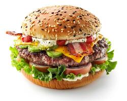 a large hamburger with bacon, lettuce, tomato and cheese photo
