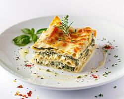 a piece of lasagna with spinach and cheese on a white plate photo