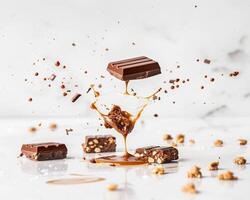 chocolate bar falling from the sky with nuts and pieces of chocolate photo