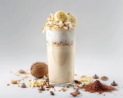 a milkshake with bananas, nuts and chocolate photo
