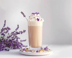 lavender and coffee latte with lavender flowers on white background photo