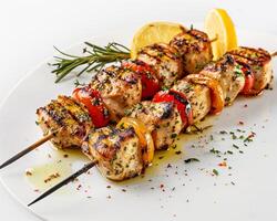 grilled chicken kebabs on a white plate photo