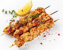 chicken kebabs on skewers with lemon and herbs photo